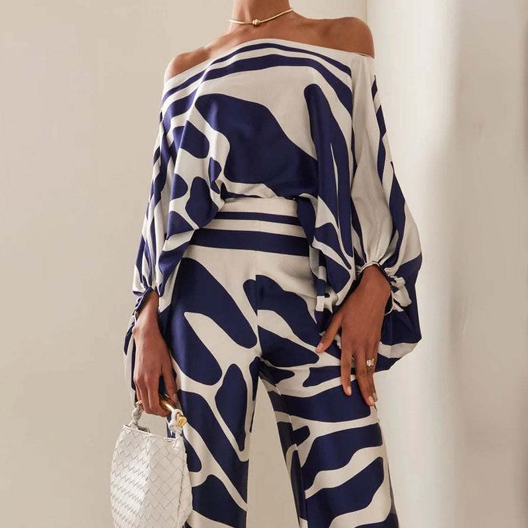 Dames Tweedelige Set – Satijnlook – Off-Shoulder Top – Hoge Taille – Wijde Pijpen