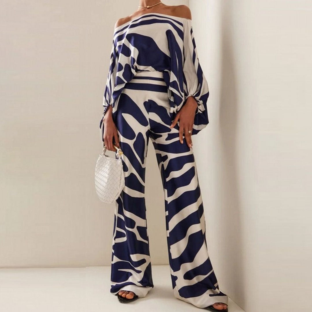 Dames Tweedelige Set – Satijnlook – Off-Shoulder Top – Hoge Taille – Wijde Pijpen