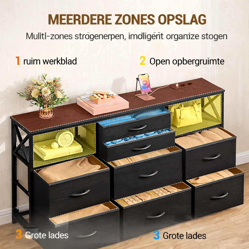 Welcro | Ladekast Dressoir | 8 lades, 140 cm, met USB en AC poorten voor slaapkamer en woonkamer