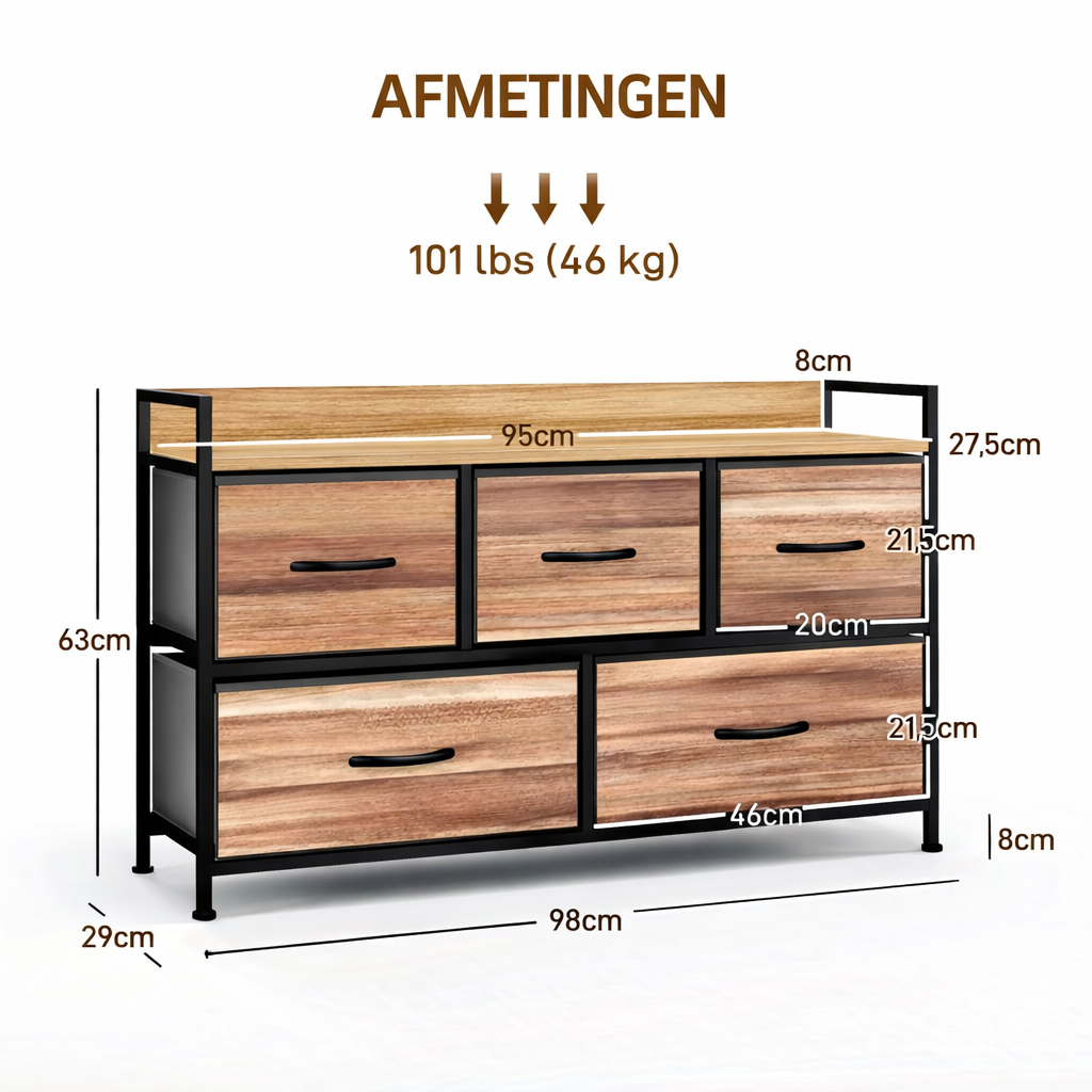 Homcom | Opbergkast - Dressoir | 5 lades, compact opbergmeubel voor slaapkamer en woonkamer
