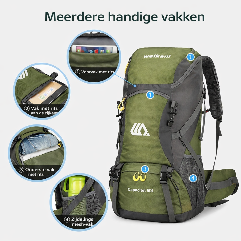 WEIKANI | Reisrugzak 50L | Waterdicht polyester, grote capaciteit, outdoor rugzak voor camping en wandelen