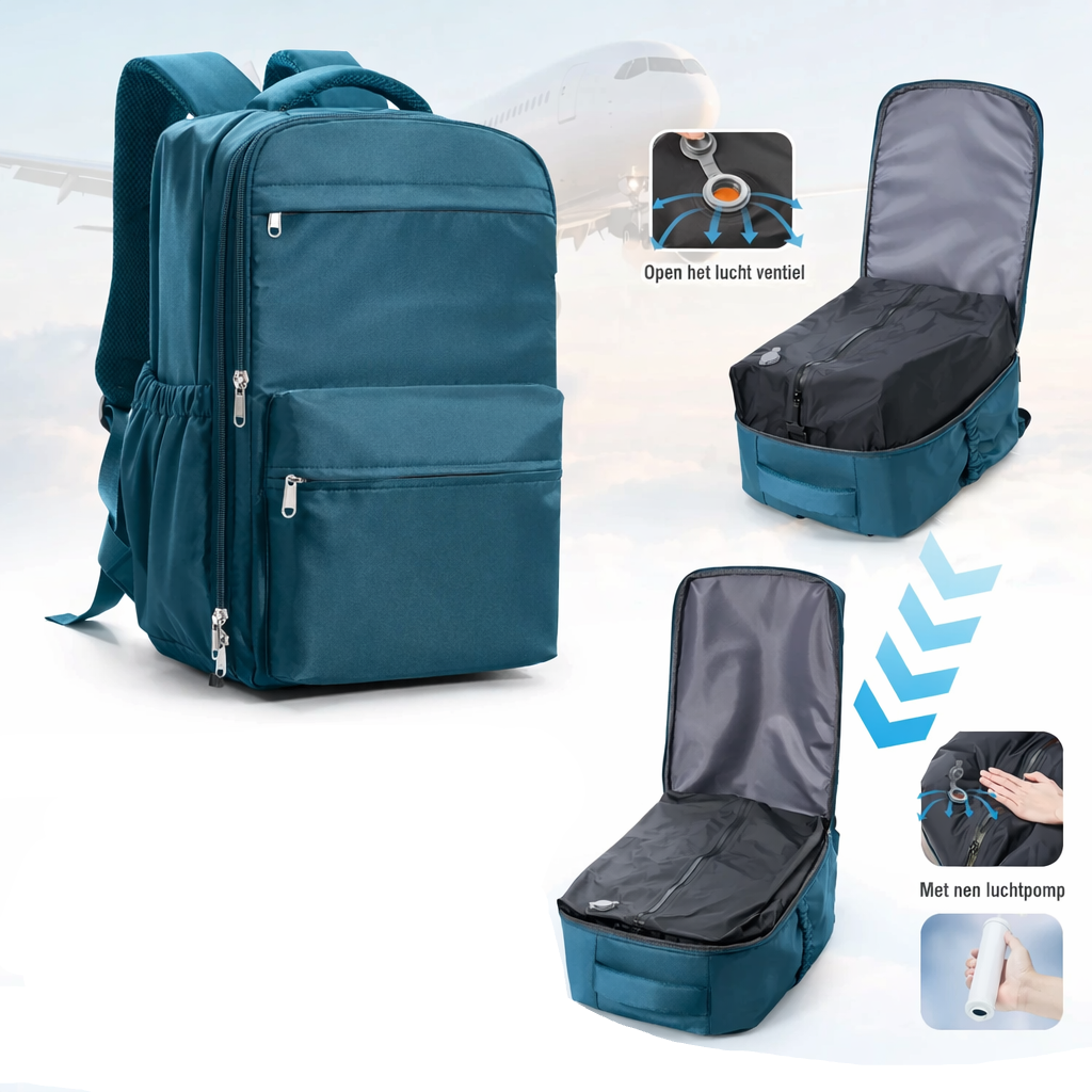 TRAVEL PRO | Cabin Rugzak 40x30x20 | Waterafstotend materiaal, Ryanair Tui Transavia handbagage formaat, compacte reisrugzak met vacuum funtie