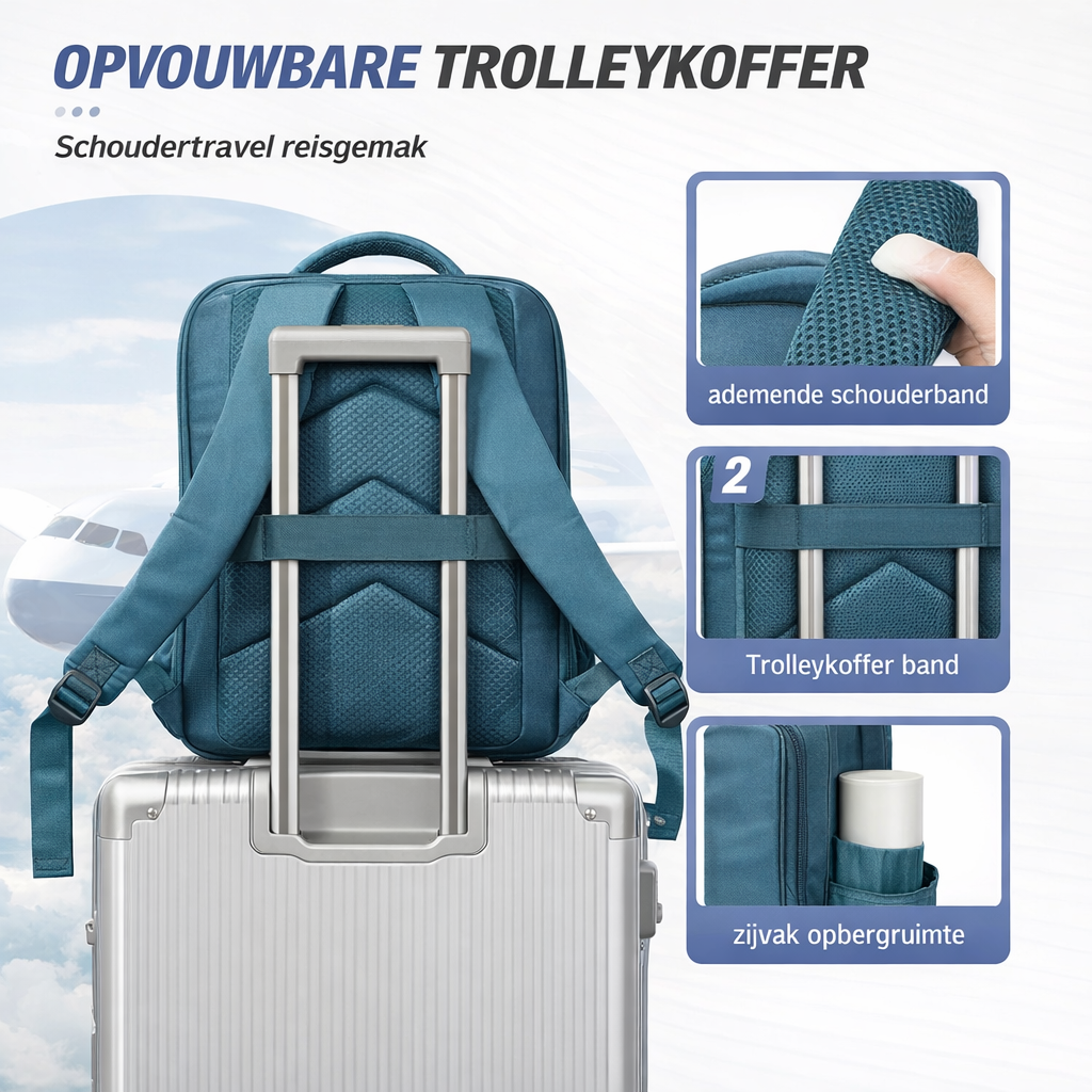 TRAVEL PRO | Cabin Rugzak 40x30x20 | Waterafstotend materiaal, Ryanair Tui Transavia handbagage formaat, compacte reisrugzak met vacuum funtie