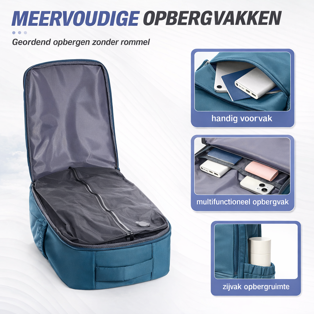 TRAVEL PRO | Cabin Rugzak 40x30x20 | Waterafstotend materiaal, Ryanair Tui Transavia handbagage formaat, compacte reisrugzak met vacuum funtie