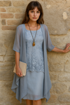 Elodie | Elegante Tweedelige Chiffon Jurk | Verfijnde Set Met Luchtige Jurk En Vestje | Comfortabele Zomerjurk | Voorgelegenheden Zoals Feestjes En Casual Uitjes | Verkrijgbaar In Hemelsblauw, Geel En Paars | Maten M-3XL | Stof: Polyester