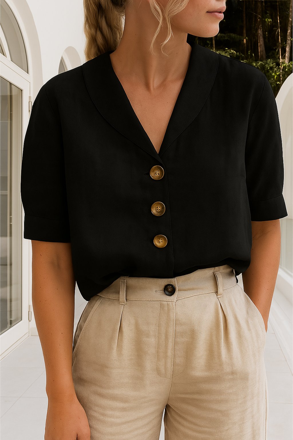 Celyra | Trendy Katoen en Linnen T-shirt voor Vrouwen | Comfortabel Vrouwen T-shirt Korte Lange Mouw | Envelophals Knoopdetails | Ademend en Stijlvol Katoen-Linnen Mix T-shirt voor Elke Dag