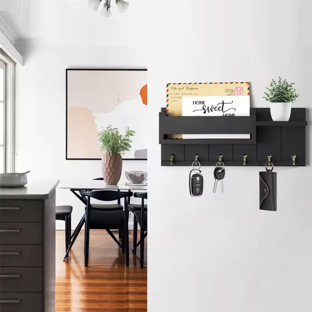 Decoratieve Muurbeugel met Plank en Sleutelhaken – Multifunctionele Wandorganizer van Massief Hout voor Hal en Keuken