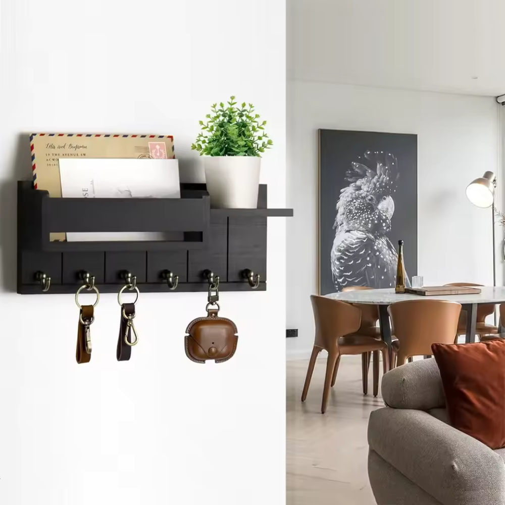 Decoratieve Muurbeugel met Plank en Sleutelhaken – Multifunctionele Wandorganizer van Massief Hout voor Hal en Keuken