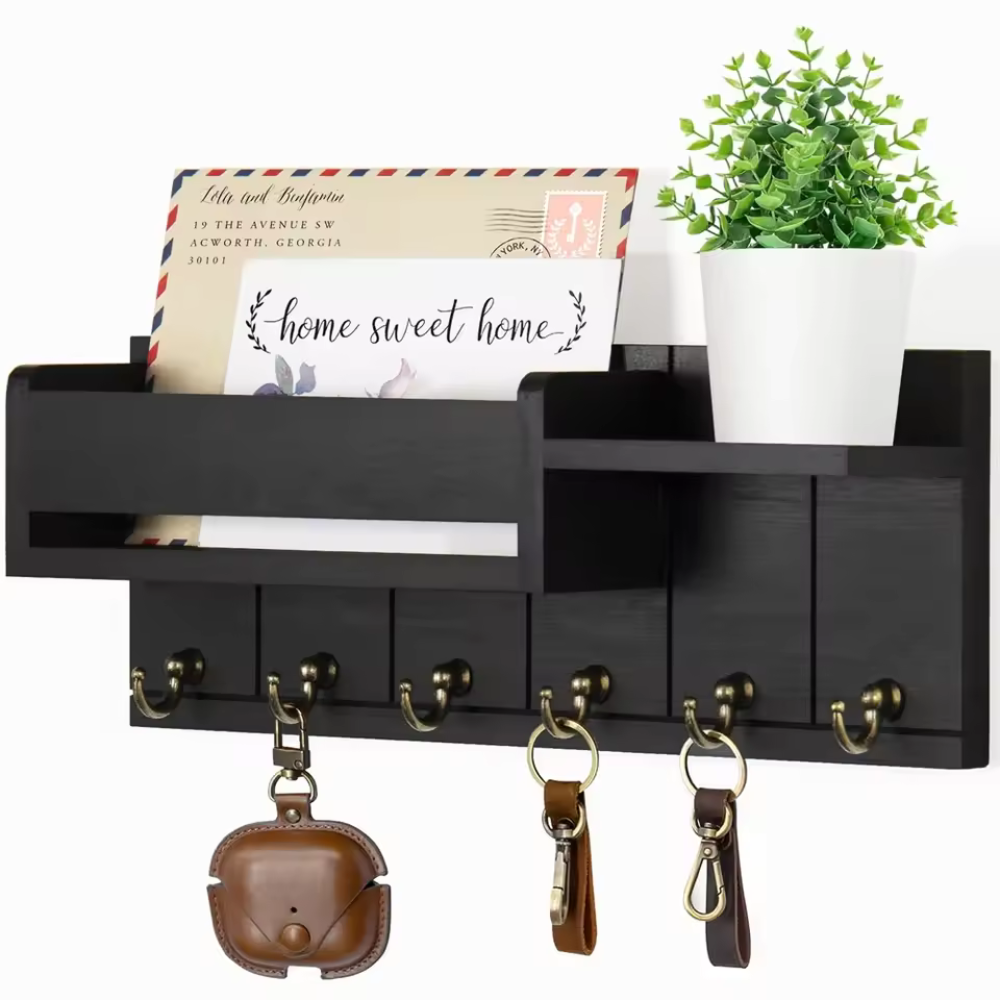 Decoratieve Muurbeugel met Plank en Sleutelhaken – Multifunctionele Wandorganizer van Massief Hout voor Hal en Keuken