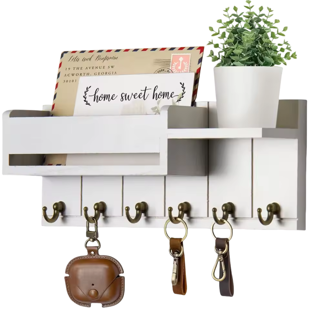 Decoratieve Muurbeugel met Plank en Sleutelhaken – Multifunctionele Wandorganizer van Massief Hout voor Hal en Keuken
