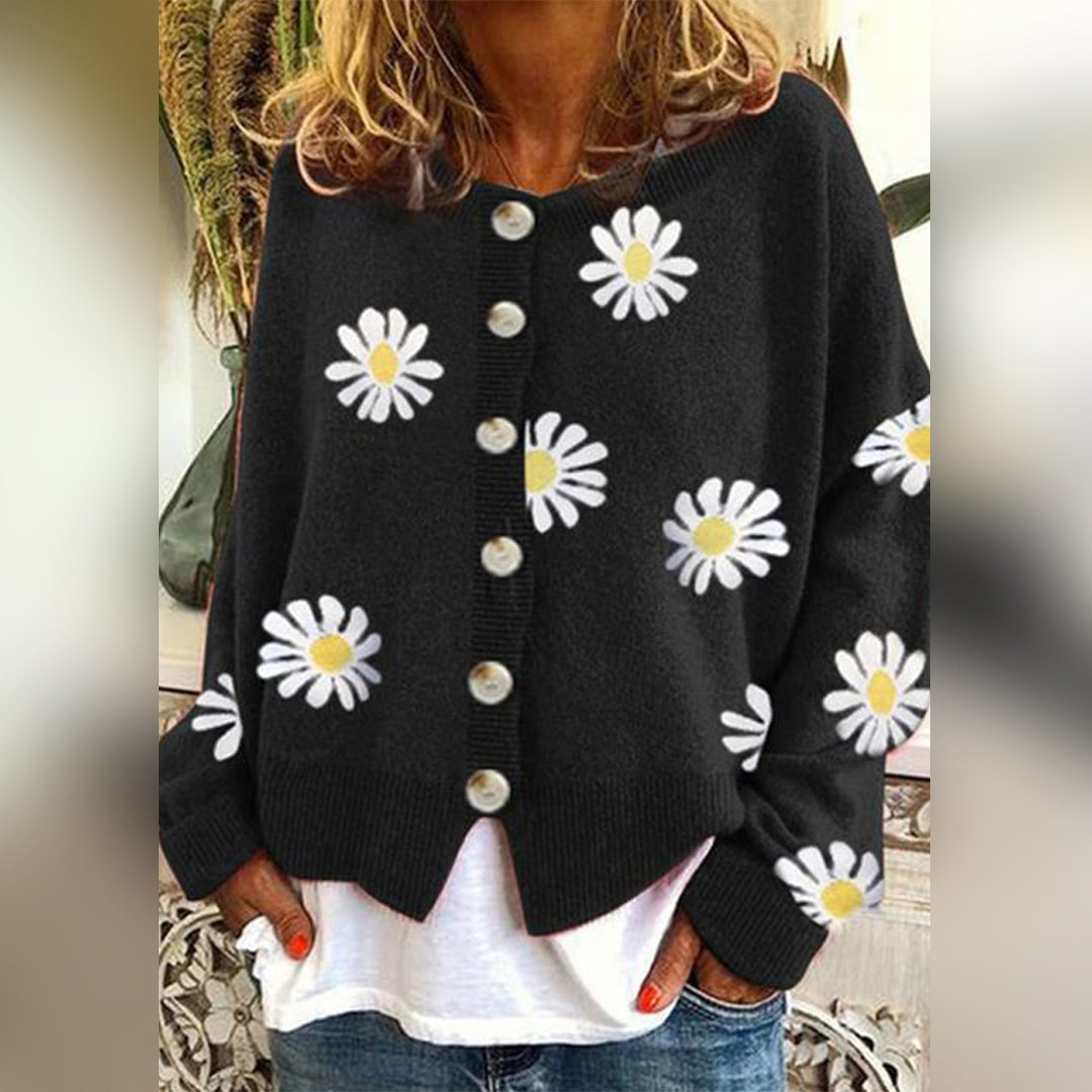 Knitted Cardigan - Floral Pattern - Loose Fit - For A Comfortable Everyday Look 