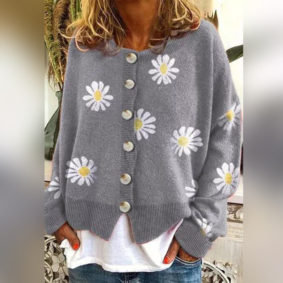 Knitted Cardigan - Floral Pattern - Loose Fit - For A Comfortable Everyday Look 