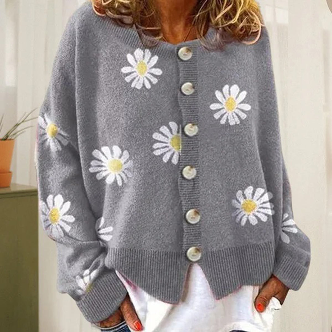 Knitted Cardigan - Floral Pattern - Loose Fit - For A Comfortable Everyday Look 