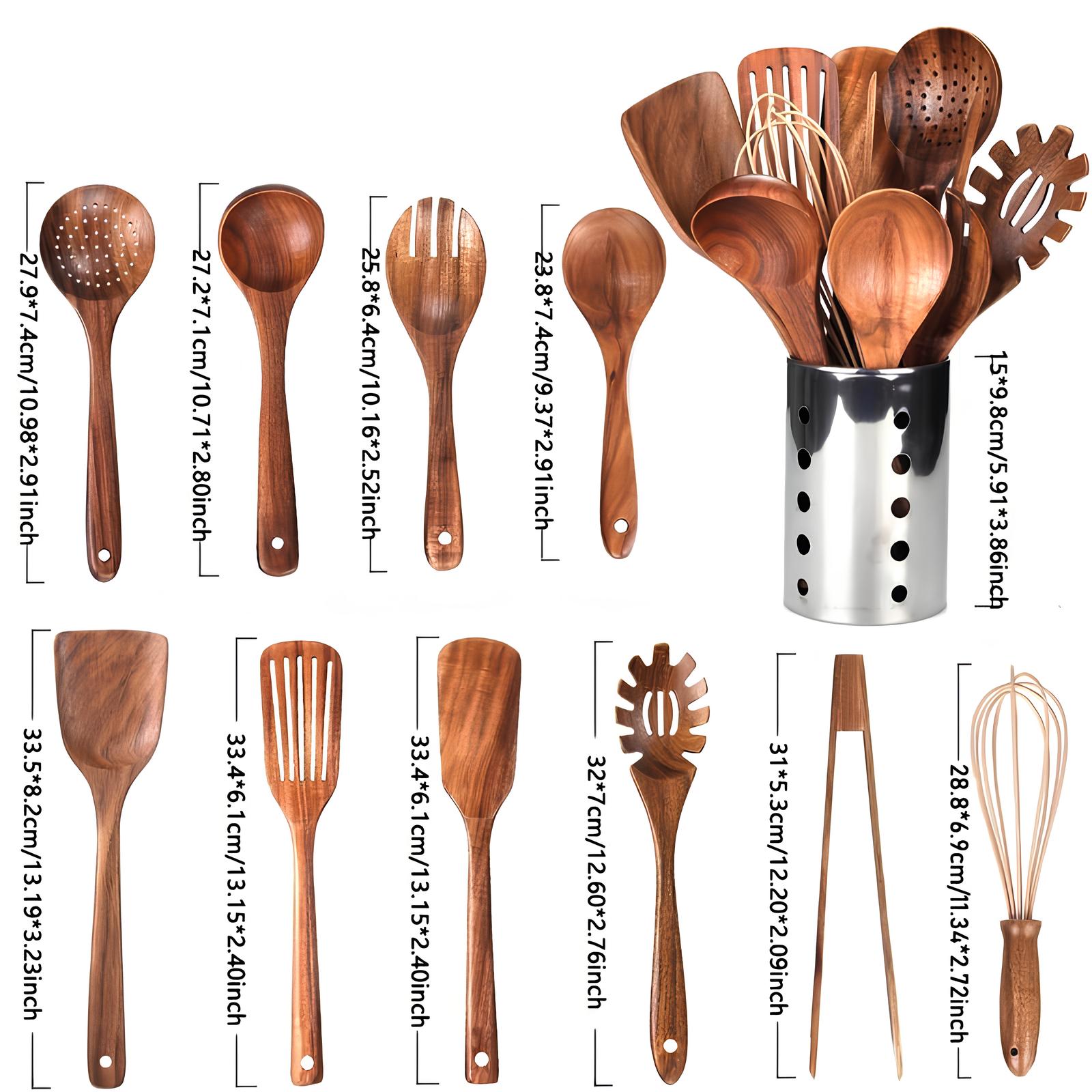 11-delige Keukengerei Set van Teakhout – Inclusief Houder – Natuurlijke Look voor de Keuken