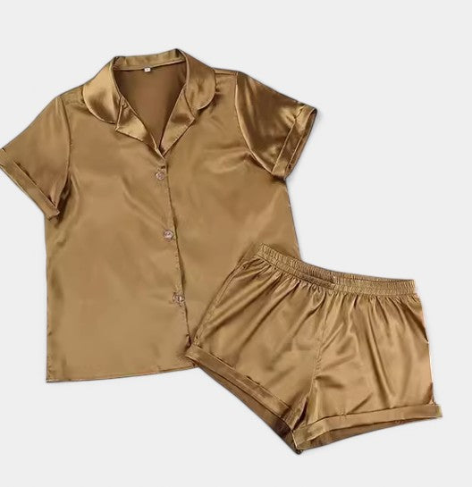 Gleame Tropische Satijnen Pyjamaset | Elegante Biezen | Zacht en Duurzaam Materialen | Korte Broek | Luxueuze Nachtkleding