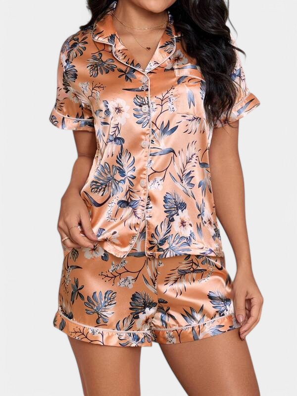 Gleame Tropische Satijnen Pyjamaset | Elegante Biezen | Zacht en Duurzaam Materialen | Korte Broek | Luxueuze Nachtkleding