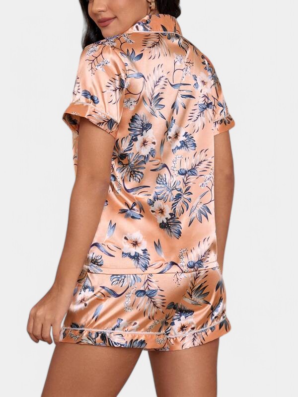 Gleame Tropische Satijnen Pyjamaset | Elegante Biezen | Zacht en Duurzaam Materialen | Korte Broek | Luxueuze Nachtkleding