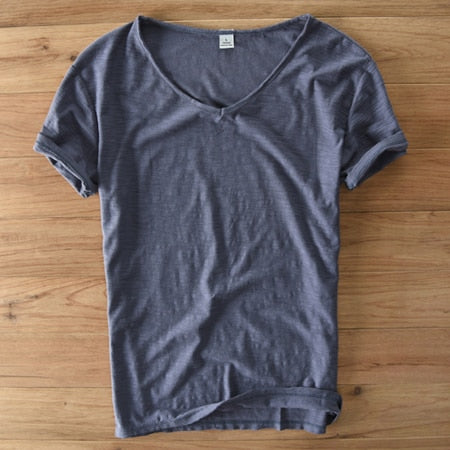 Heren V-Hals Shirt – Linnen Katoen T-Shirt met Ademende Slim Fit Pasvorm