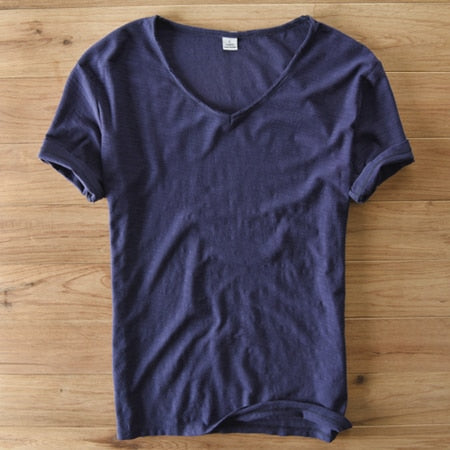 Heren V-Hals Shirt – Linnen Katoen T-Shirt met Ademende Slim Fit Pasvorm