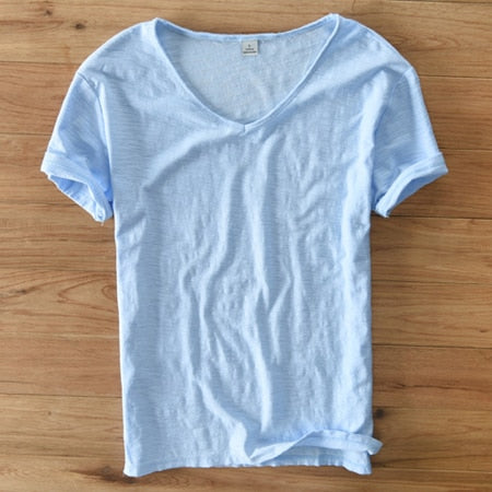 Heren V-Hals Shirt – Linnen Katoen T-Shirt met Ademende Slim Fit Pasvorm