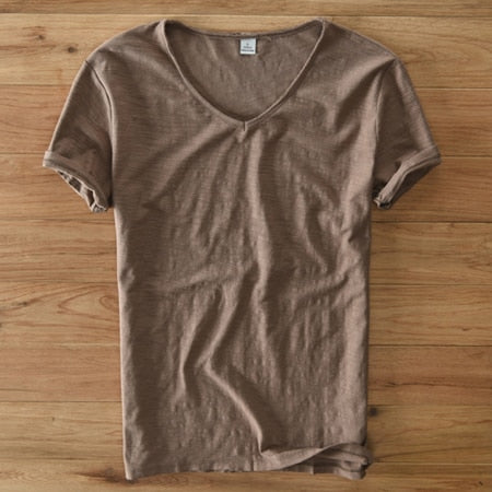 Heren V-Hals Shirt – Linnen Katoen T-Shirt met Ademende Slim Fit Pasvorm