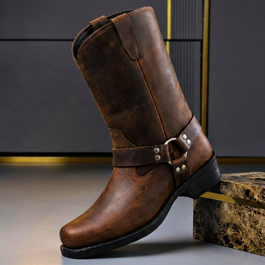 Navando Western Laarzen Heren - Vintage Cowboylaarzen met Harness Riem en Metalen Details - Hoge Herenlaarzen met Dempende Binnenzool, Maat 40 tot 47
