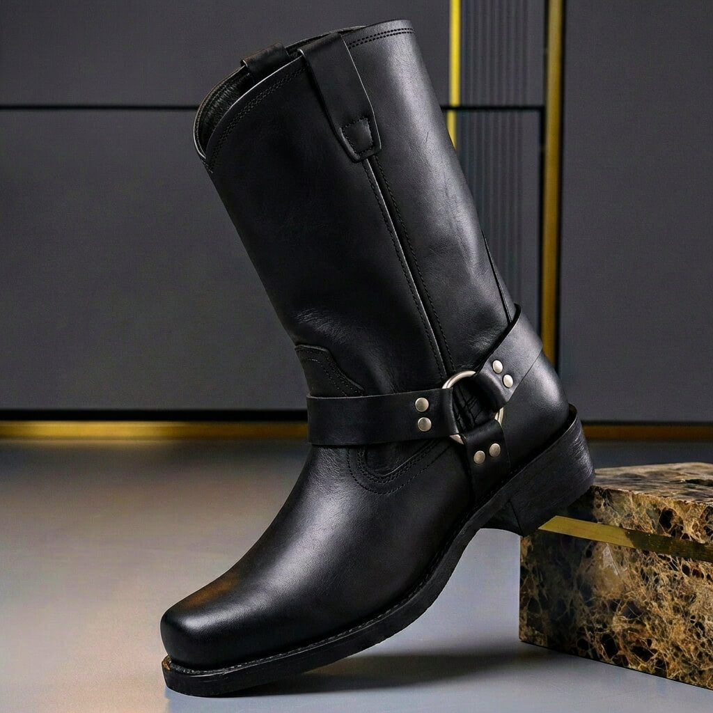 Navando Western Laarzen Heren - Vintage Cowboylaarzen met Harness Riem en Metalen Details - Hoge Herenlaarzen met Dempende Binnenzool, Maat 40 tot 47