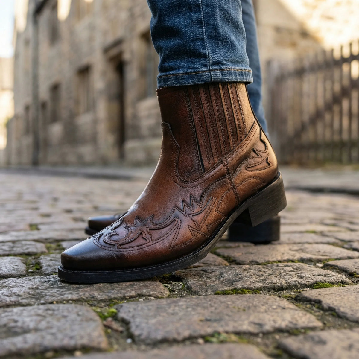 Navando Western Enkellaarzen Heren - Vintage Cowboy Boots met Spitse Neus en Sierstiksels - Enkellaars met Dempende Binnenzool, Maat 38 tot 49