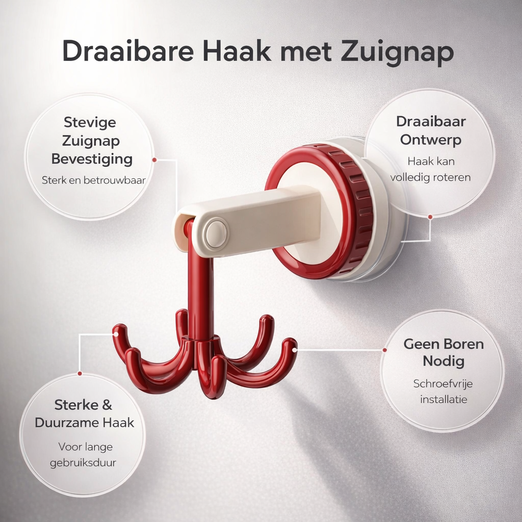 Wandhaak Zuignap Draaibaar 6 Haken | Super Sterk Zonder Boren