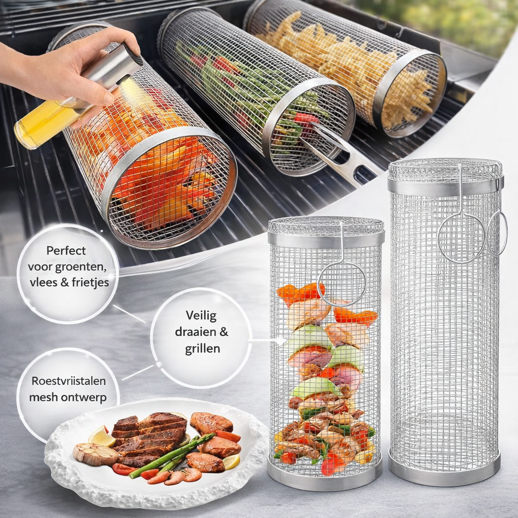 Grill Basket Cilinder | Gelijkmatig grillen | BBQ groente roosterGrill Basket Cilinder | Gelijkmatig grillen | BBQ groente rooster