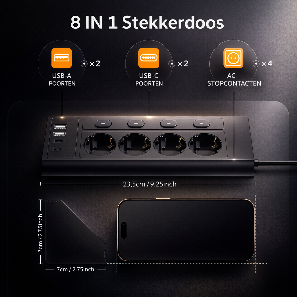 Stekkerdoos 8-in-1 | USB & Type-C | verlengsnoer stopcontact