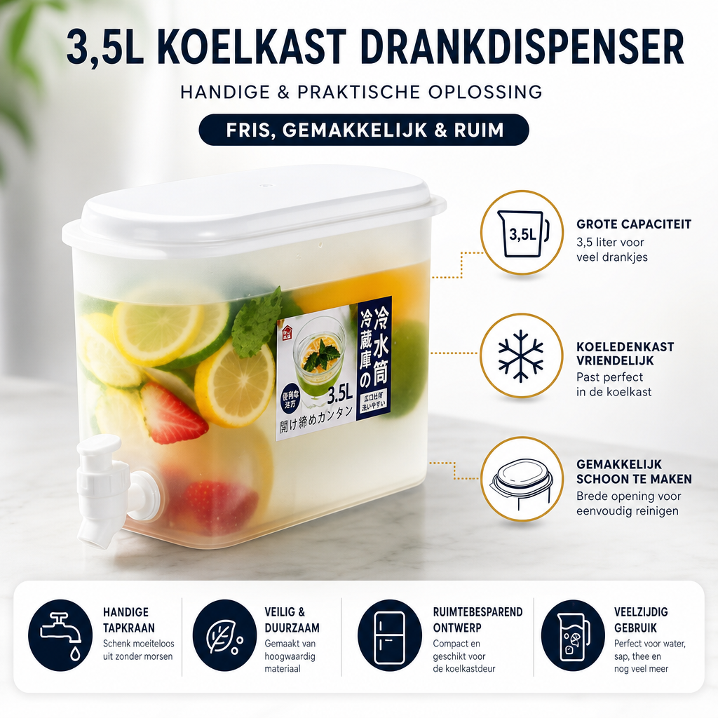 CoolPour | Drankdispenser met kraan | 3.5L Koude Drankdispenser met Kraan – Grote Sapkan voor Koelkast, IJswaterkan, Limonadeketel voor Keuken en Buffet