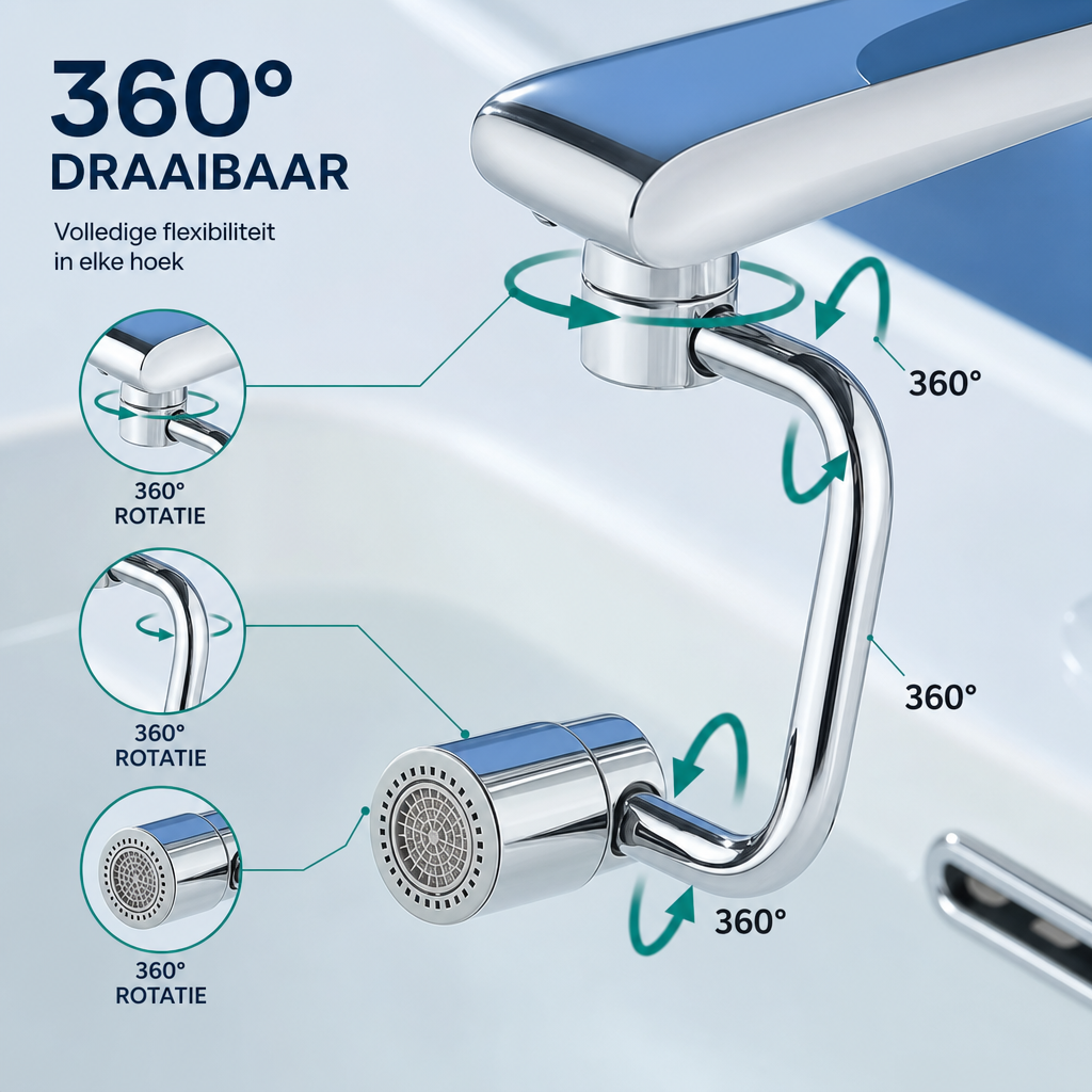 AquaFlex | Draaibare kraanverlenger | RVS Kraanverlenger 1080° Draaibaar – Spatwaterdicht Dubbele Spuitmodus Universele Adapter voor Keuken en Badkamer Wastafel