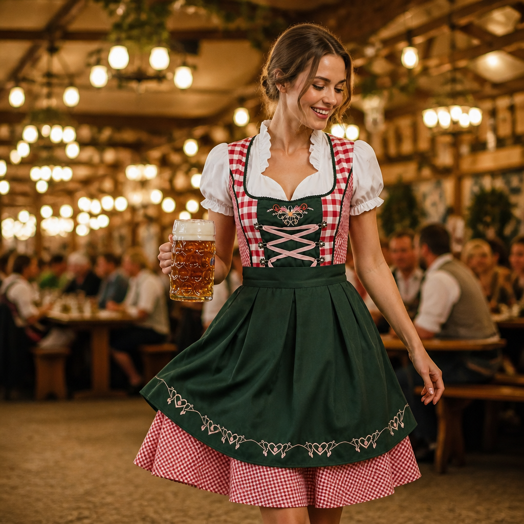 Dames Oktoberfest Jurk - FestBrau - Geruit Design, Strikdetail en Traditionele Beierse Stijl