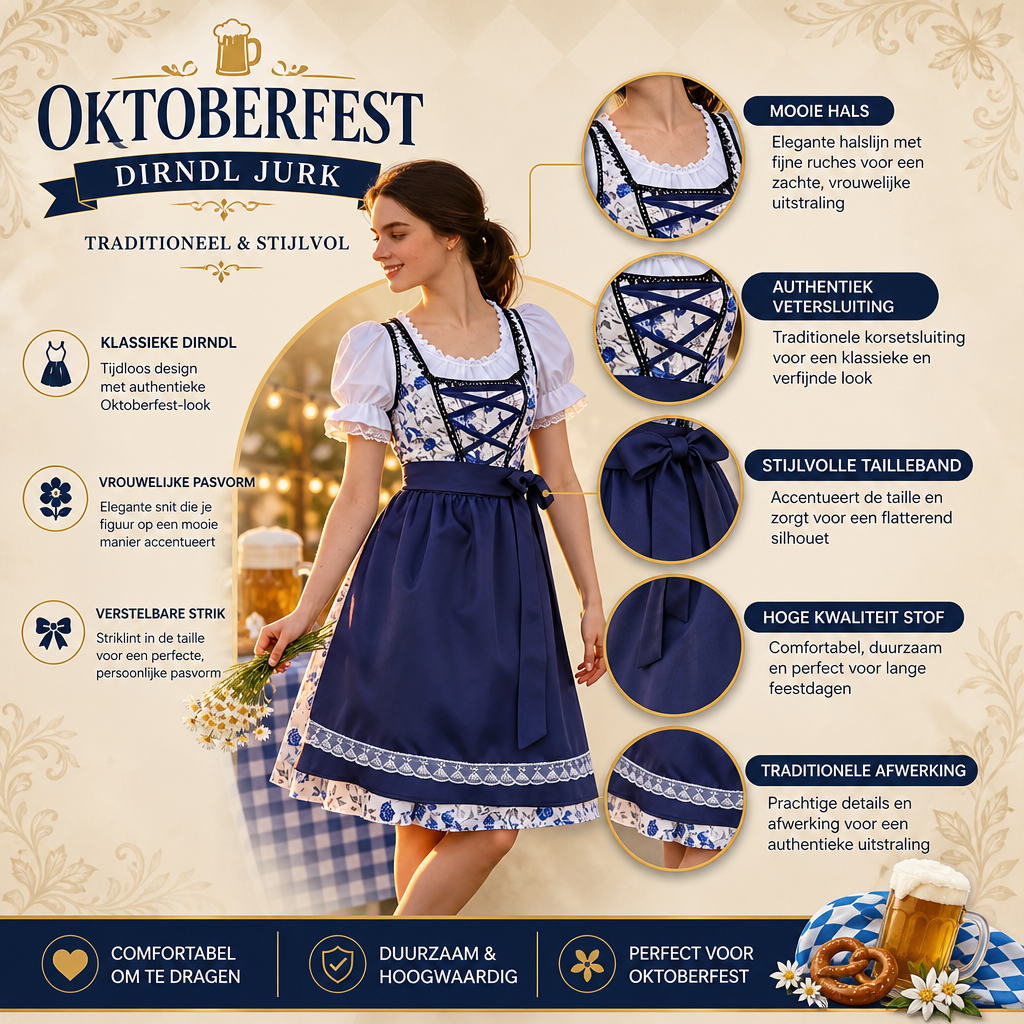 Dames Oktoberfest Dirndl Jurk - FestBrau - Bloemen Design, Retro Stijl en Traditionele Look