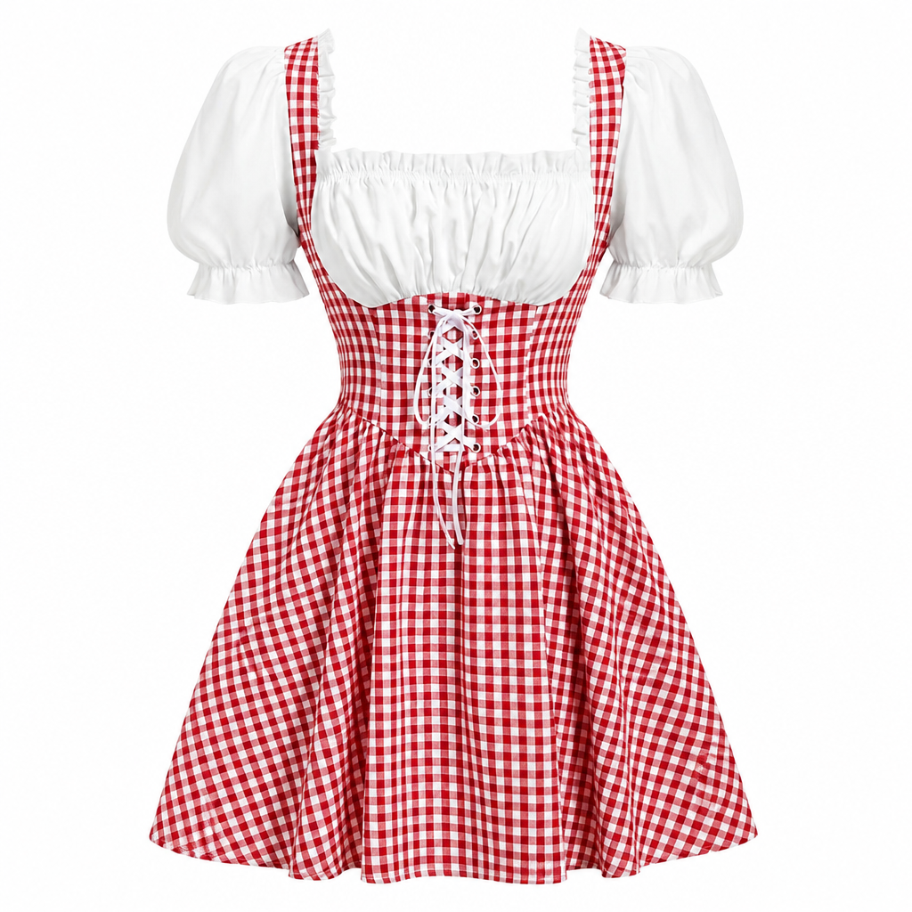 Dames Oktoberfest Jurk - FestBrau - Geruit Design, Pofmouwen en Strikdetails