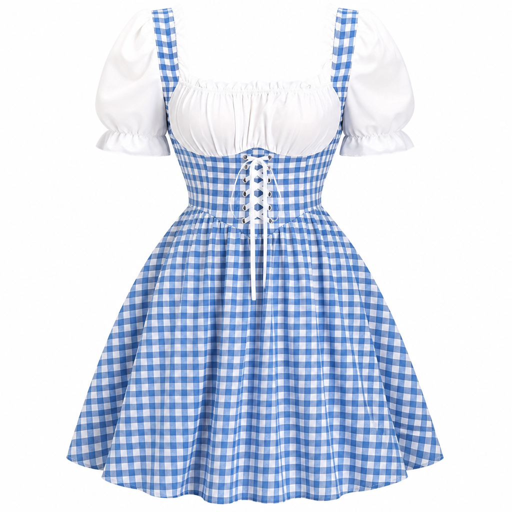 Dames Oktoberfest Jurk - FestBrau - Geruit Design, Pofmouwen en Strikdetails
