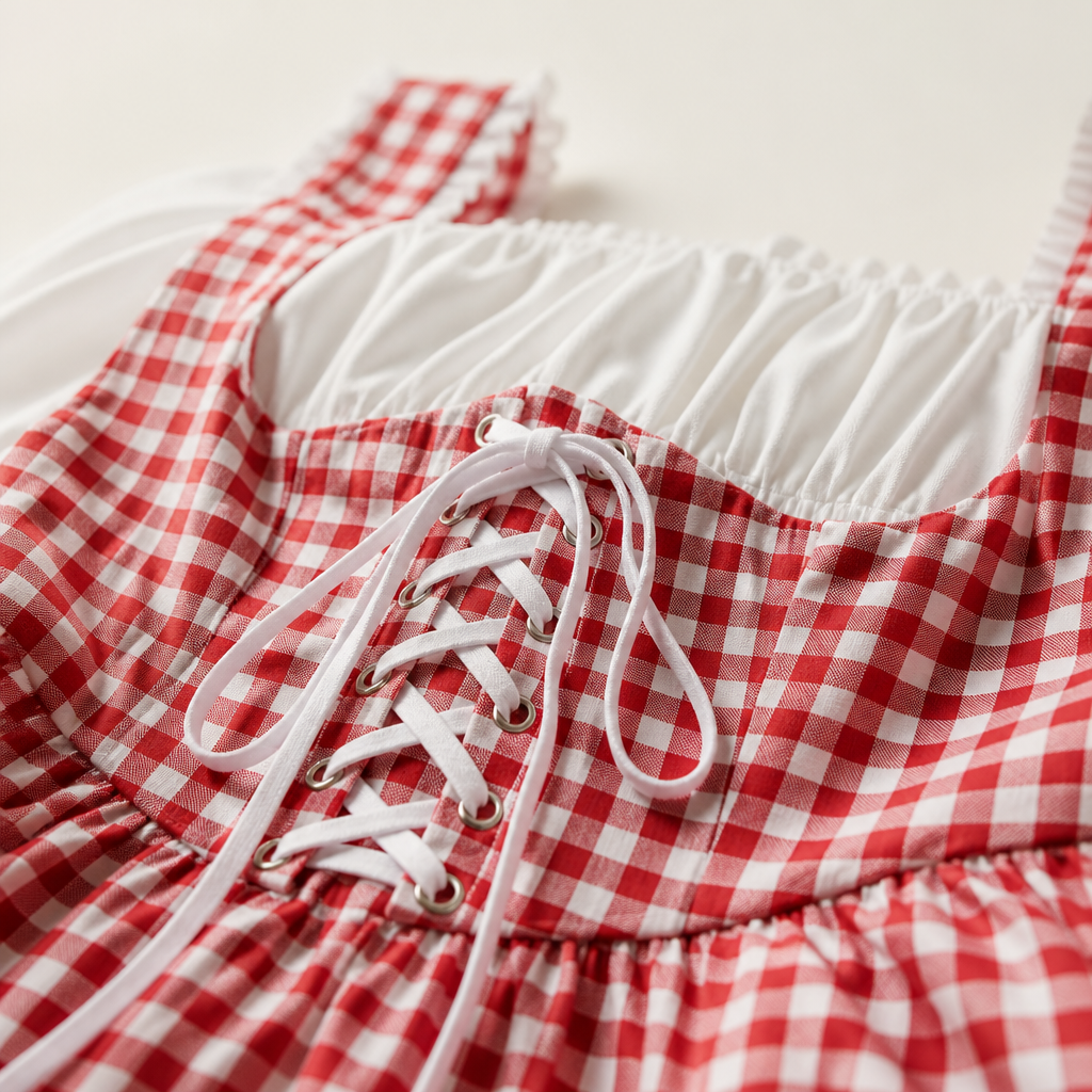 Dames Oktoberfest Jurk - FestBrau - Geruit Design, Pofmouwen en Strikdetails