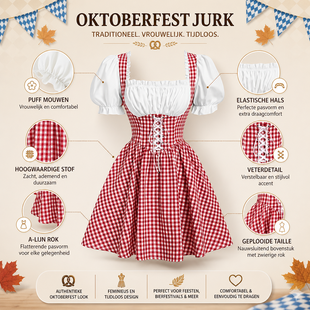 Dames Oktoberfest Jurk - FestBrau - Geruit Design, Pofmouwen en Strikdetails