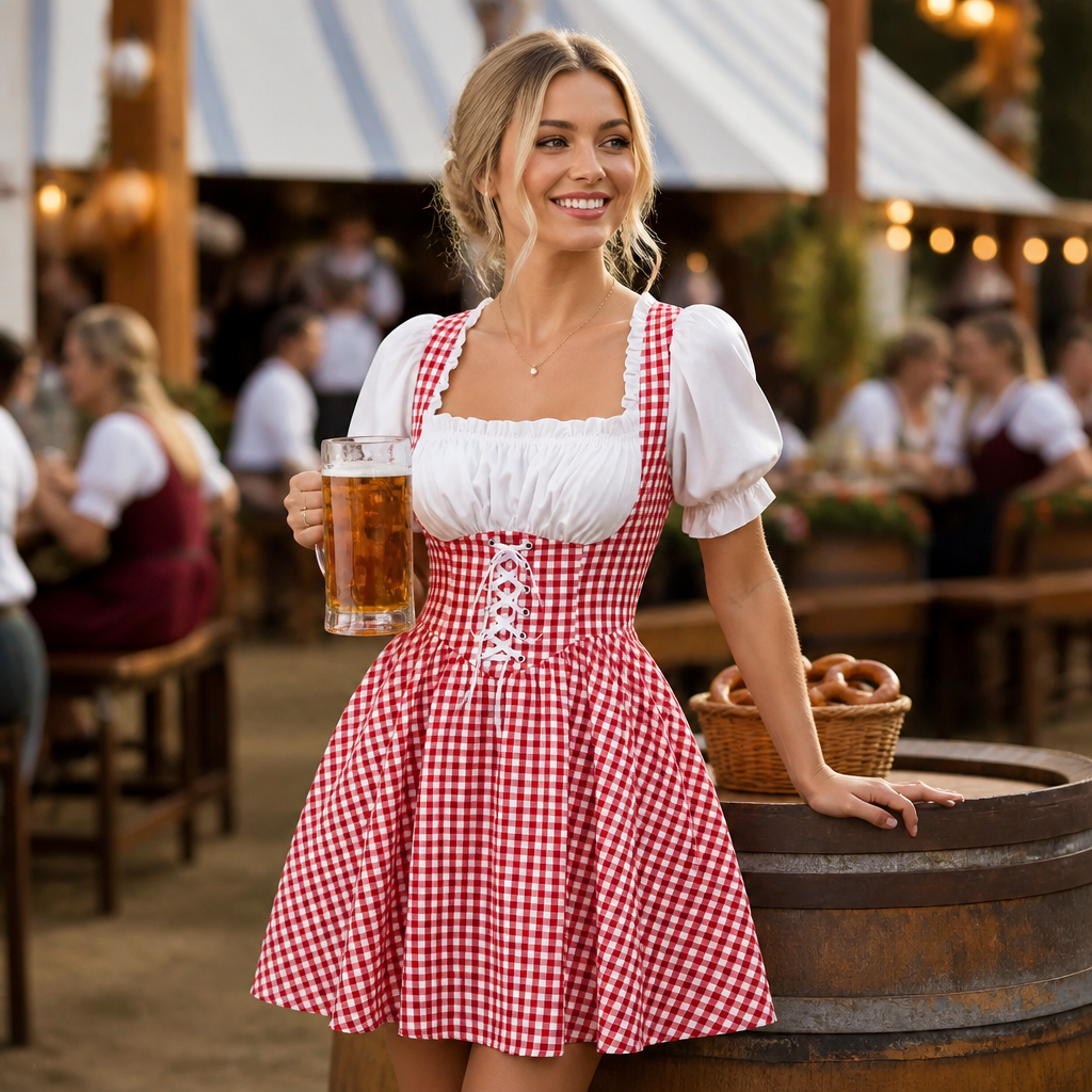 Dames Oktoberfest Jurk - FestBrau - Geruit Design, Pofmouwen en Strikdetails