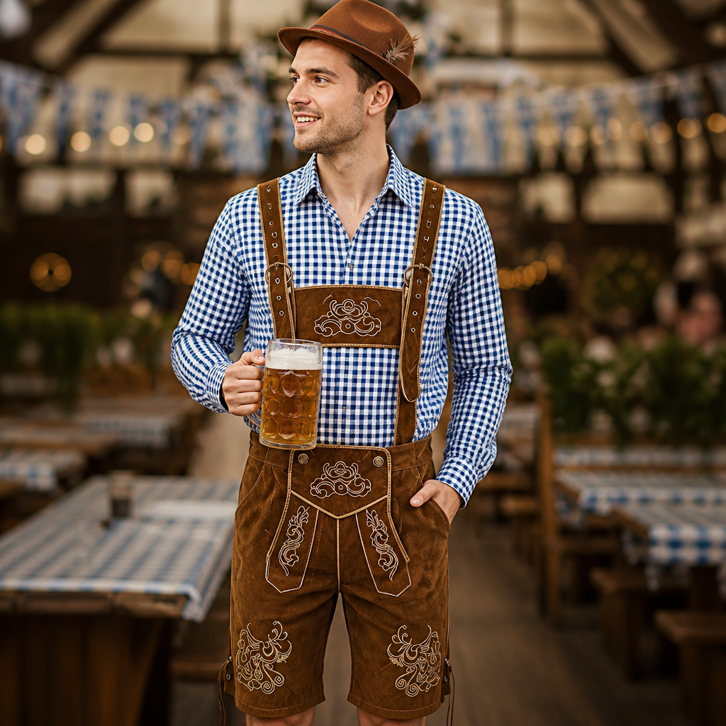 Heren Oktoberfest Kostuumset - FestBrau - Shirt, Hoed, Bretels en Kuitkousen