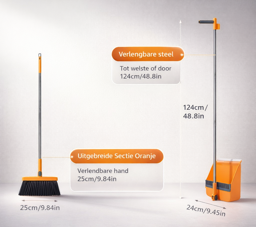 Bezem Set Lange Steel | Minder bukken | stoffer blik set