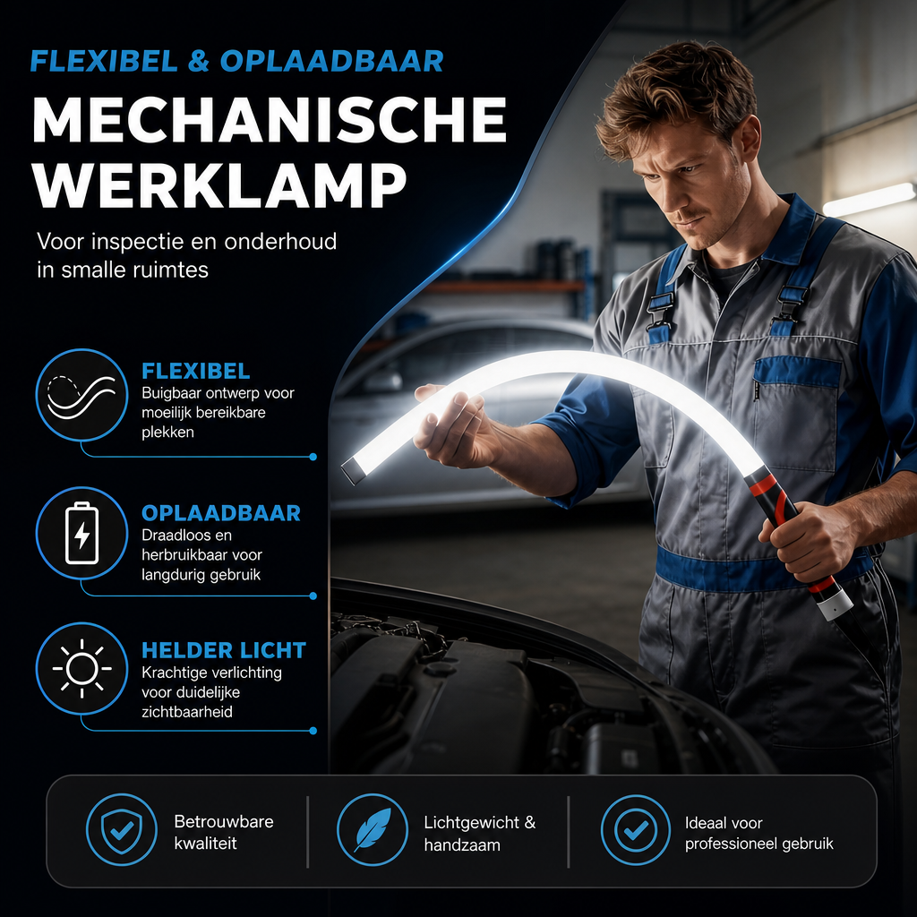 FlexBeam | Buigbare LED-werklamp | Buigbare LED Zaklamp 30 Inch – Flexibele Oplaadbare Werklamp met 3 Helderheidsniveaus, Handsfree Verlichting voor Klussen
