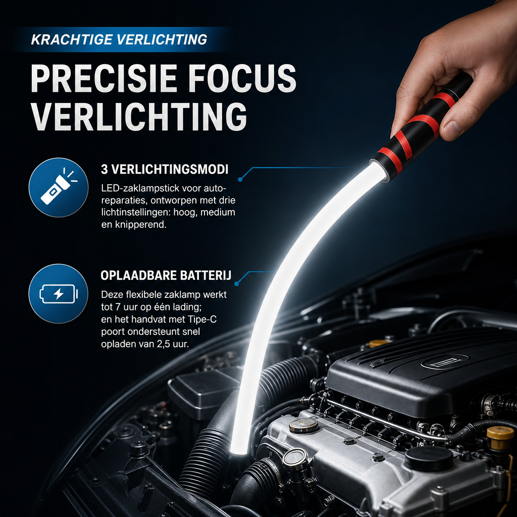 FlexBeam | Buigbare LED-werklamp | Buigbare LED Zaklamp 30 Inch – Flexibele Oplaadbare Werklamp met 3 Helderheidsniveaus, Handsfree Verlichting voor Klussen