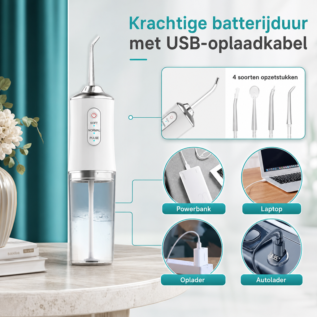 OraJet | Draagbare monddouche/waterflosser | Draagbare Monddouche Waterflosser USB Oplaadbaar – Tandenstoker met 4 Jet Tips, 220ml Tank, 3 Reinigingsmodi voor Gezond Tandvlees