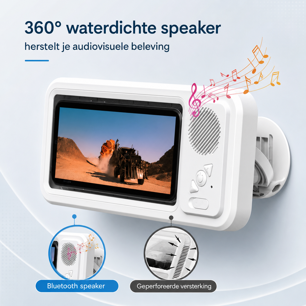 AquaSound | Douchetelefoonhouder met speaker | Douche Telefoonhouder met Bluetooth Speaker – Waterdichte 360° Muurhouder Anti-Fog voor Telefoons 4-6.9 Inch, Badkamer Accessoire