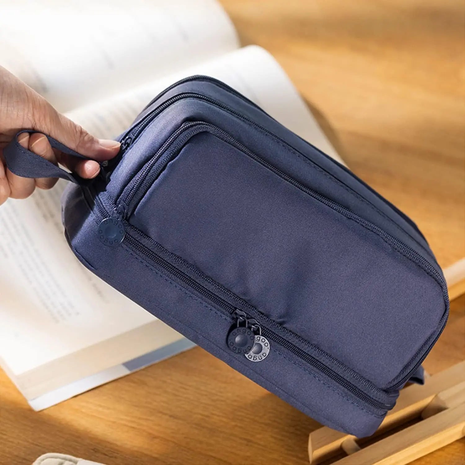 Zwarte canvas pennenzak met liniaalvak | Pennenzak | Dubbele laag etui voor schoolgebruik