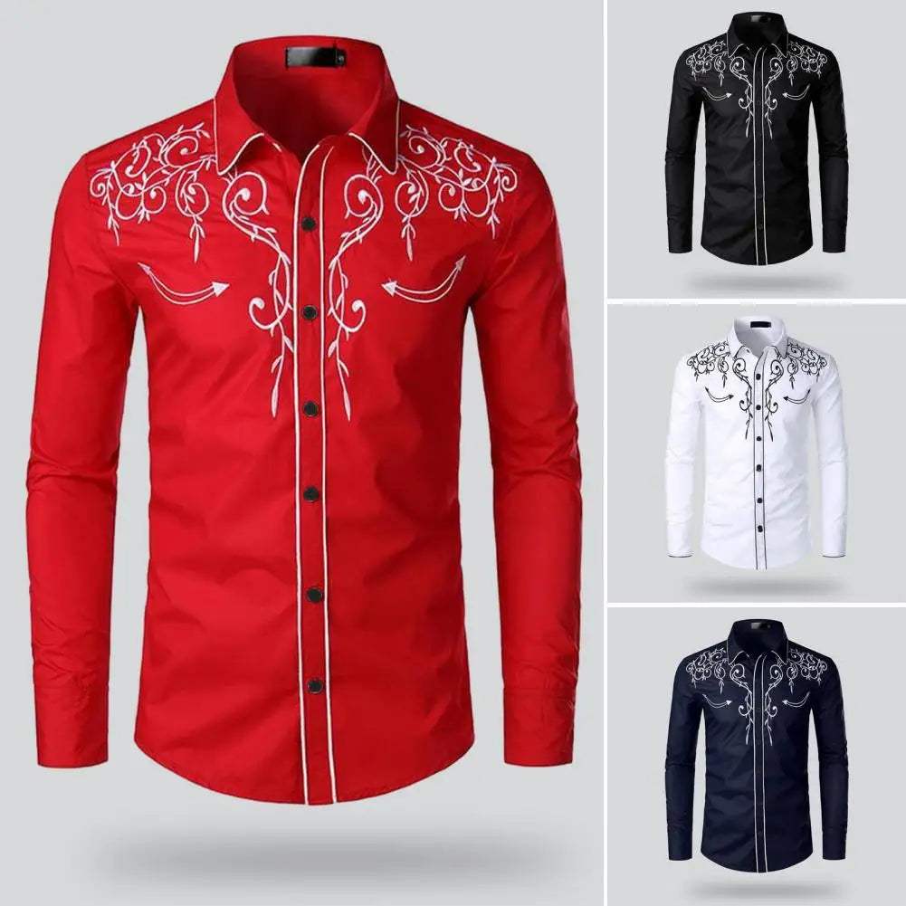 Overhemd Top Geborduurd Western Cowboyshirt Met Nauwsluitende Pasvorm Heren Casual Top Met Lange Mouwen Voor Single-Breasted Stijl - Visconte