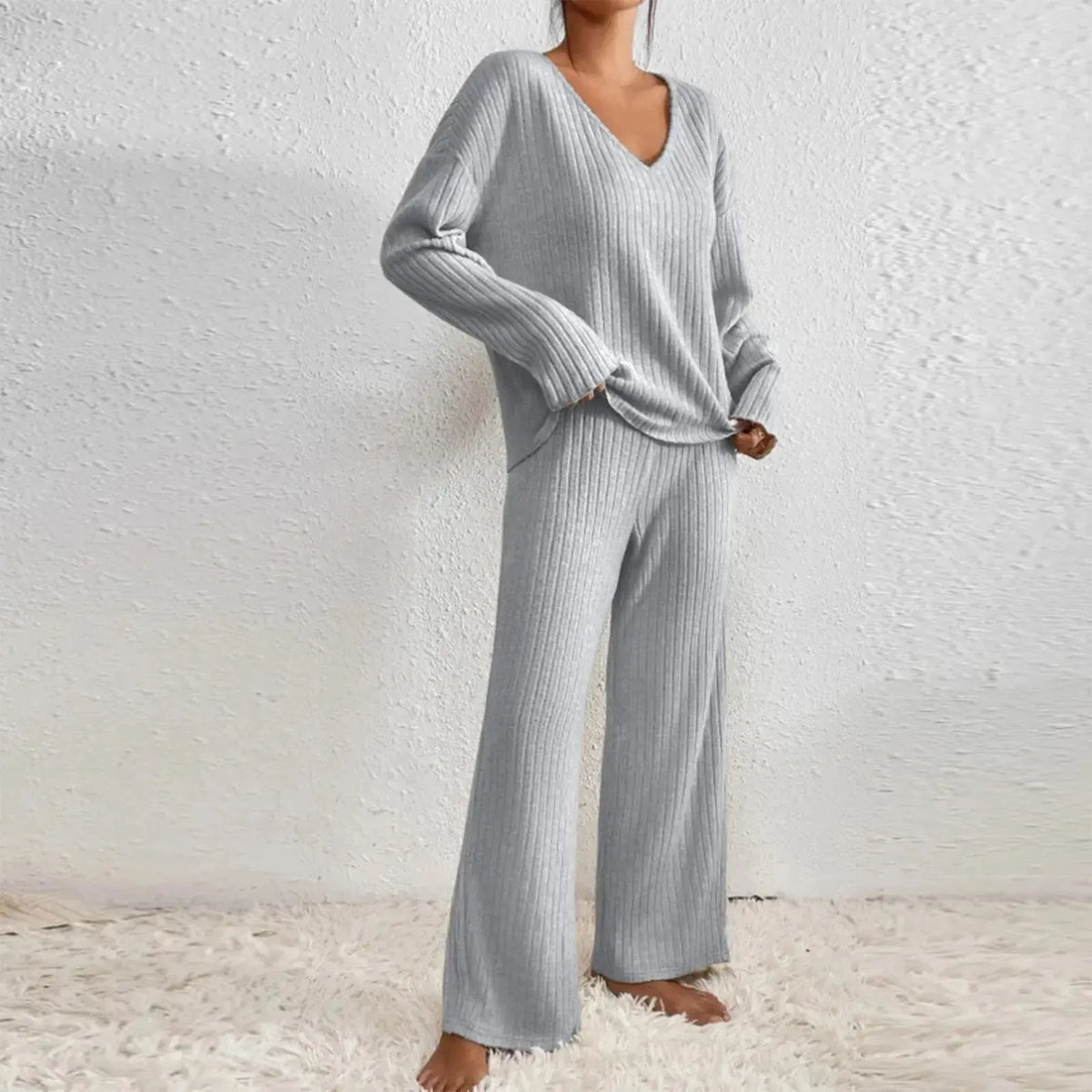 Lounara Gebreide Tweedelige Set Dames - Zachte Trui met Bijpassende Broek en Elastische Taille - Warme Loungewear Set voor Thuis in 7 Kleuren