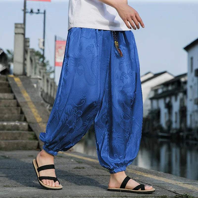 Hipster Ice Silk Satin Men's Pants Dragon Pattern Chinese Loose Trousers Smooth Satin Pants Taiji Comfortable Beach Pants - Visconte